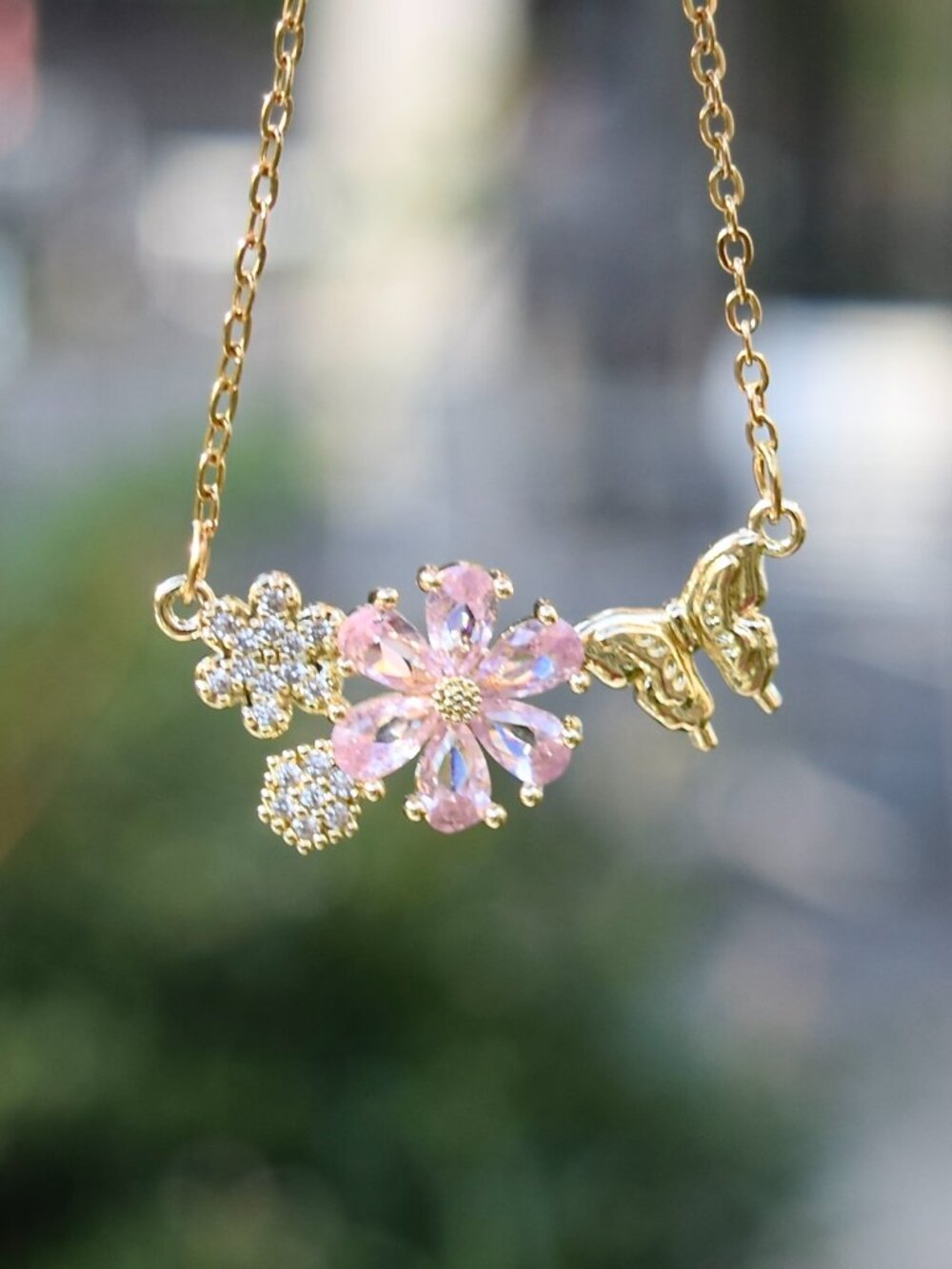 Princess Icy Pink Flower Charm Necklace - Stainless Steel Chain
